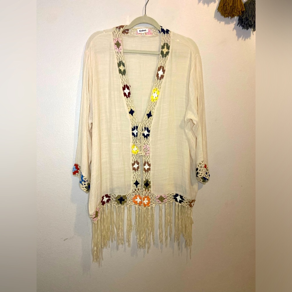 Anthropologie x Kindred boho crocheted fringe kimono wrap plus 2X